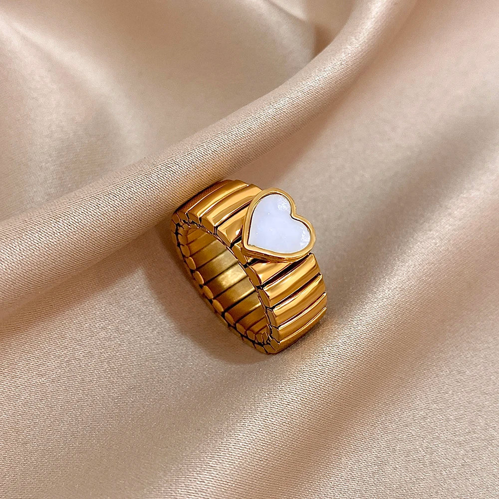 Greatera Elastic Force Stainless Steel Women's Ring Heart Pattern Fashion Colorfast Wide Design Valentine's Day Gift Jewelry