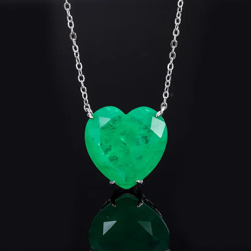 925 Sterling Silver Paraiba Emerald Simple Heart Necklace Earrings for Women Girls Vintage Tourmaline Gemstone Part Jewelry Set