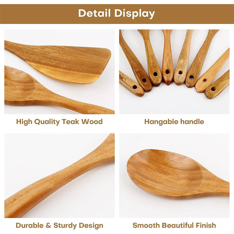 LMETJMA 10 Pack Natural Teak Wooden Kitchen Utensil Set Wooden Spoons Spatula Cooking Utensil Set For Cooking Baking JT503