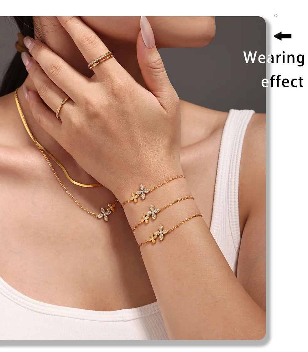Necklace Bracelet For Women Stainless Steel Zircon Waterproof 4 Petals Flower Pendant Waterproof Chain Charm Jewelry Gift