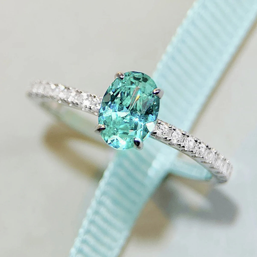S925 Sterling Silver Ring 5x7mm Sparkling Oval Cut Paraiba Green&Blue CZ Luxury Elegant Gift for Valentine's Day and Birthday‌