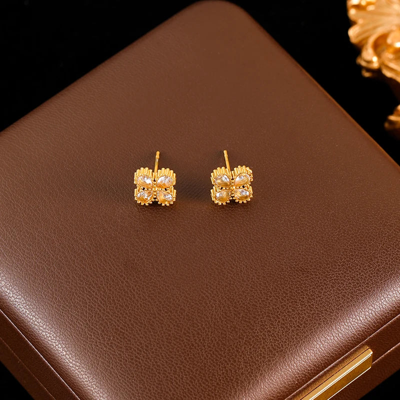 GANEMLY Stainless Steel  Sparkling White Zircon Flower Necklace Bracelet Earrings Set For Women Trendy Waterproof Jewelry Gift