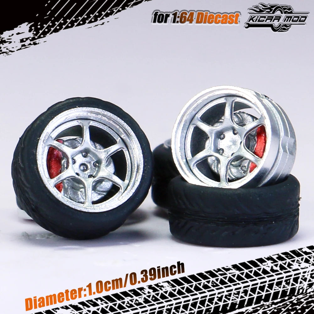 Kicarmod 1/64 Model Car ABS Wheels with Rubber Tire Brake Disc Metal Rims Diameter 10mm Refitting Parts For Model Car