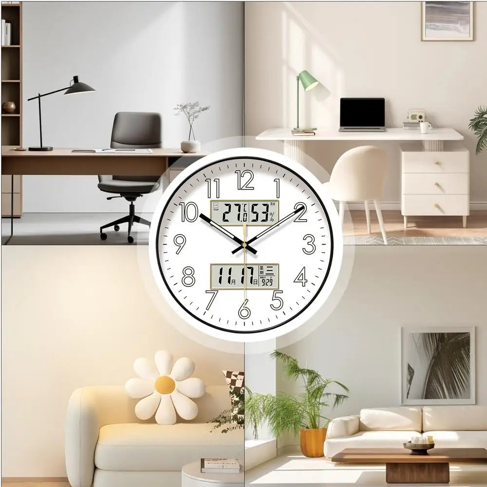 Non Ticking Wall Clock Round Wall Clock Glow In Dark Home Decor Featuring Calendar 10/12/14 Inch Large Digital Display Night