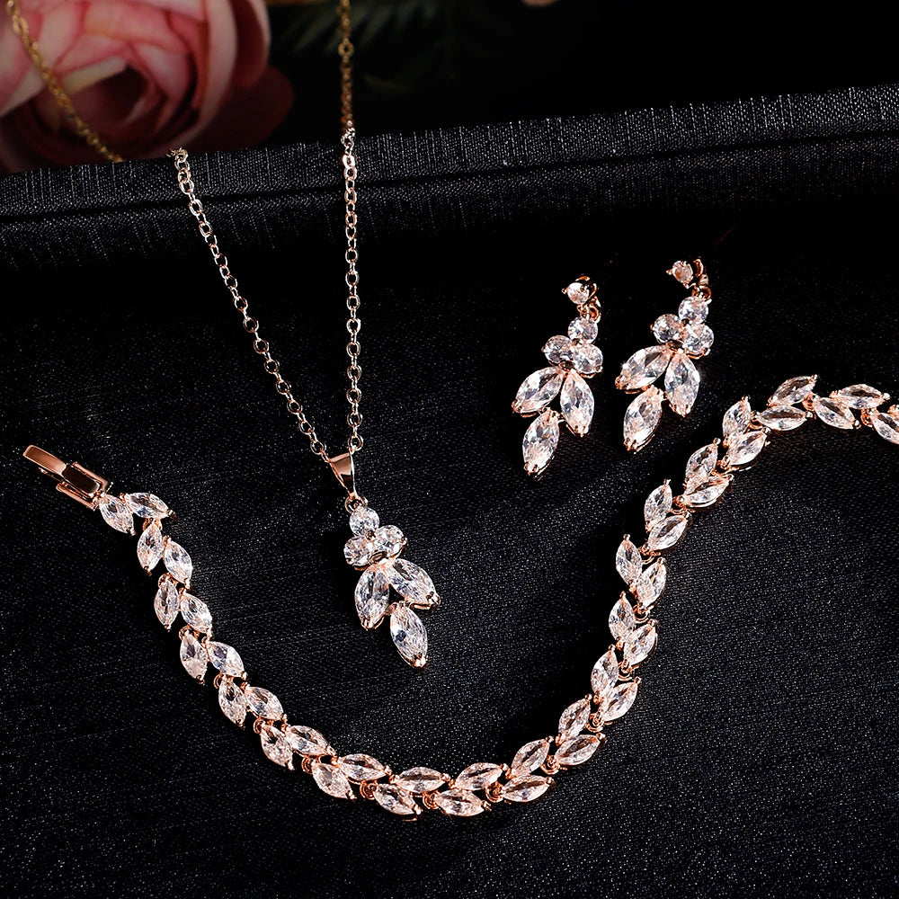 ZAKOL Luxury Brilliant Zirconia Leaf Necklace Earrings Rings Bracelets Set for Women CZ Drop Bridal Wedding Jewelry Sets New