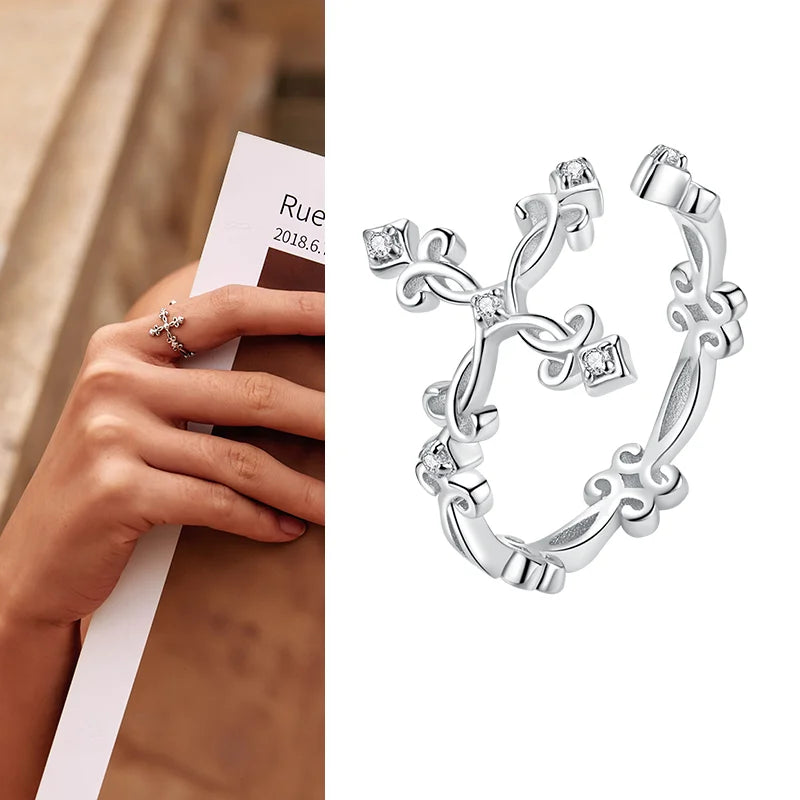 WOSTU Real 925 Sterling Silver Open Ring Finger Adjustable Size Wedding Rings For Women Engagement Fashion Silver Jewelry Gift