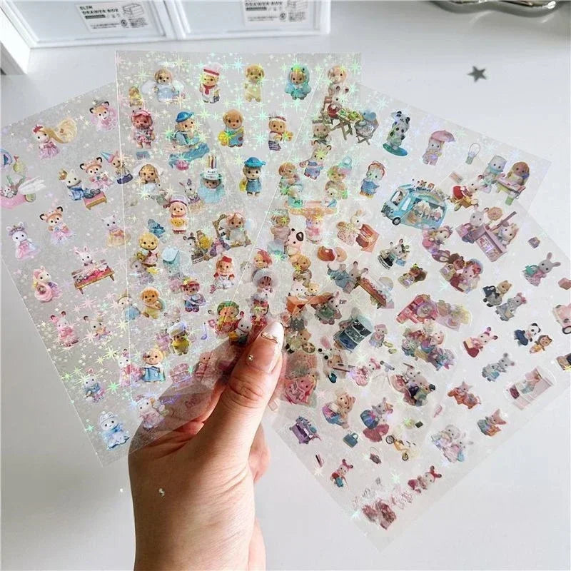 Sylvanian Families High-value Cute Double-transparent Sticker Scene Decoration Material Hand Account Waterproof Laser Star Toy
