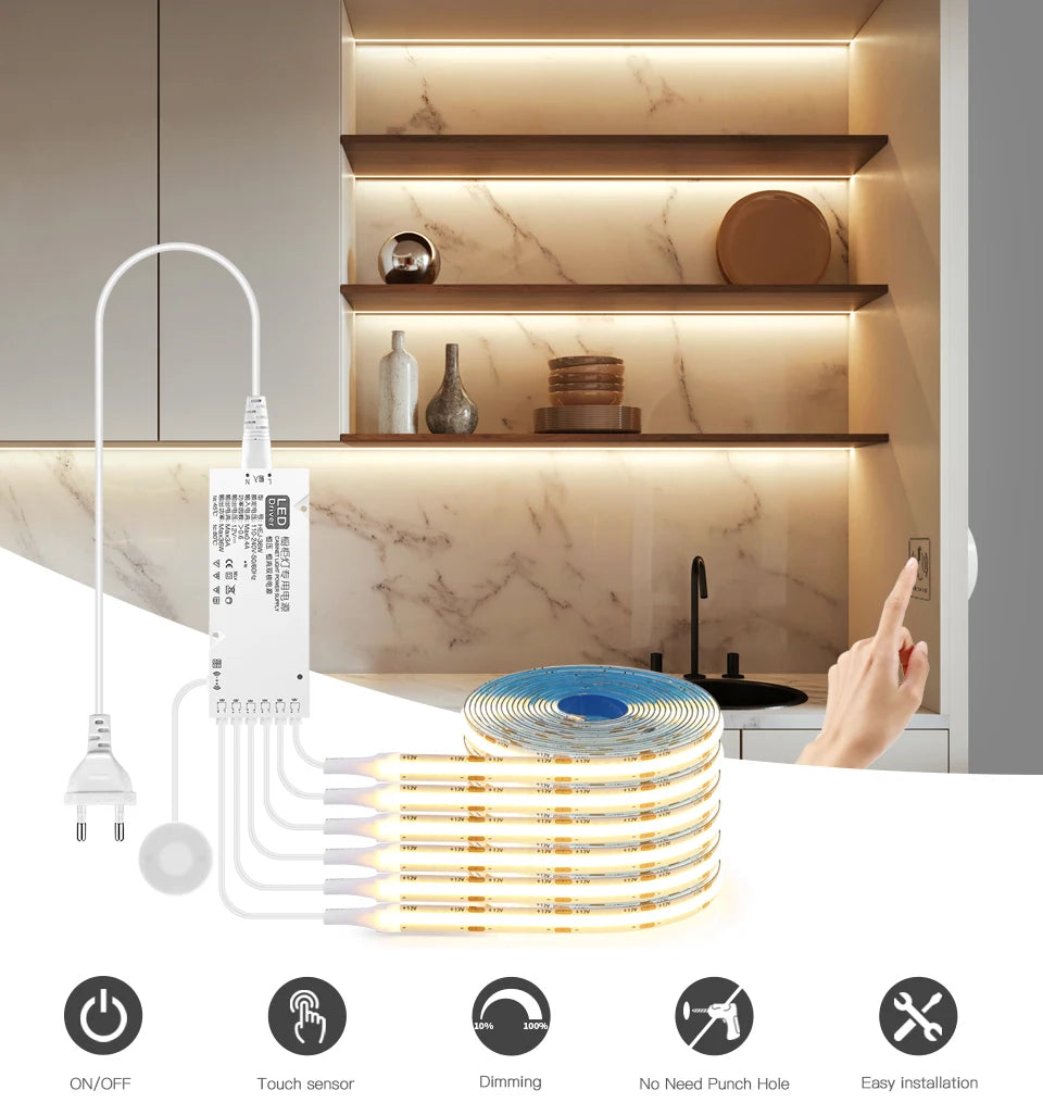 1-6pcs COB LED Strip Light Under Cabinet Collection Display Touch Dimmer Bookcase Wardrobe Motion Sensor Penet Wood Closet Lamp