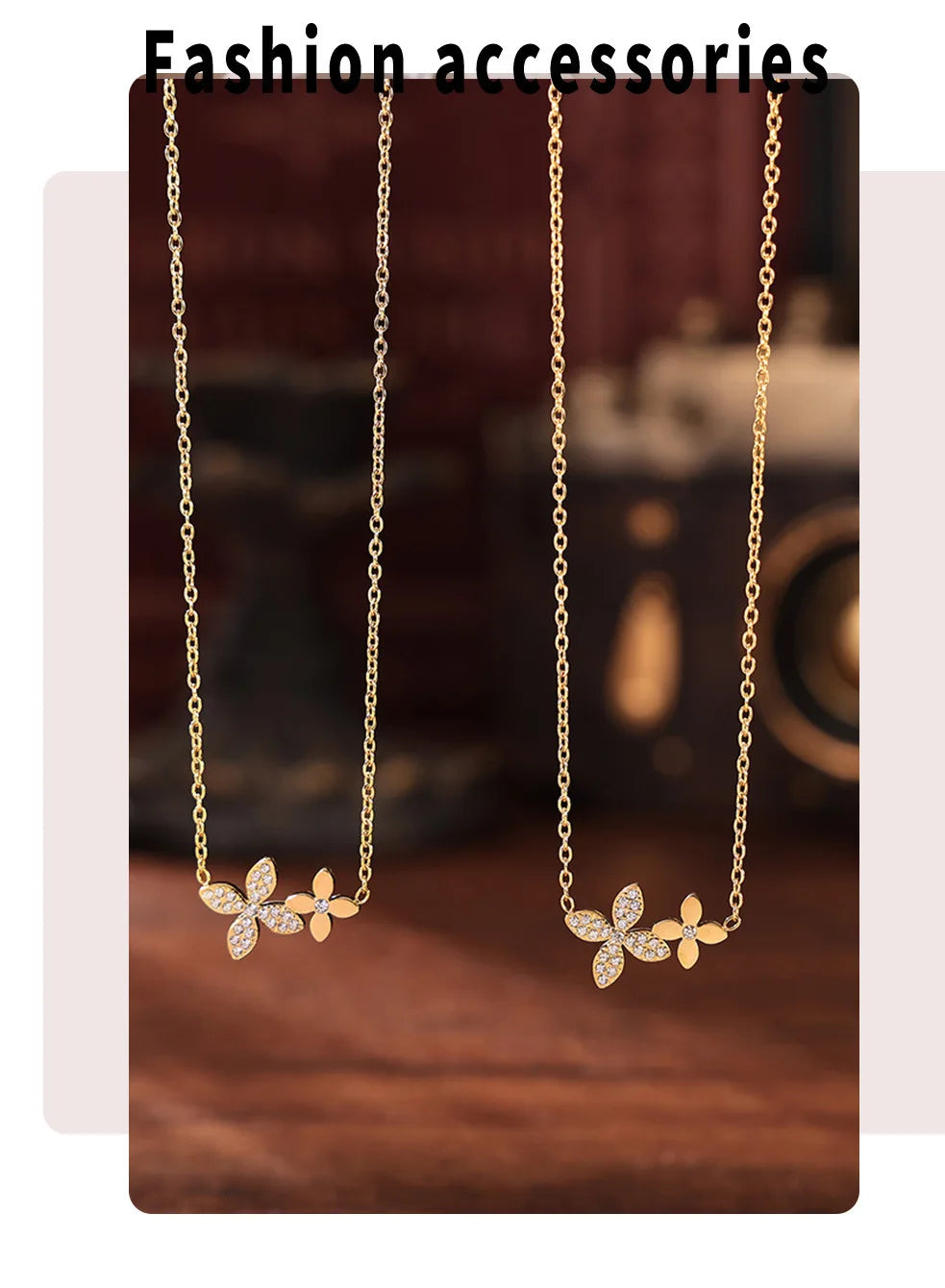 Necklace Bracelet For Women Stainless Steel Zircon Waterproof 4 Petals Flower Pendant Waterproof Chain Charm Jewelry Gift