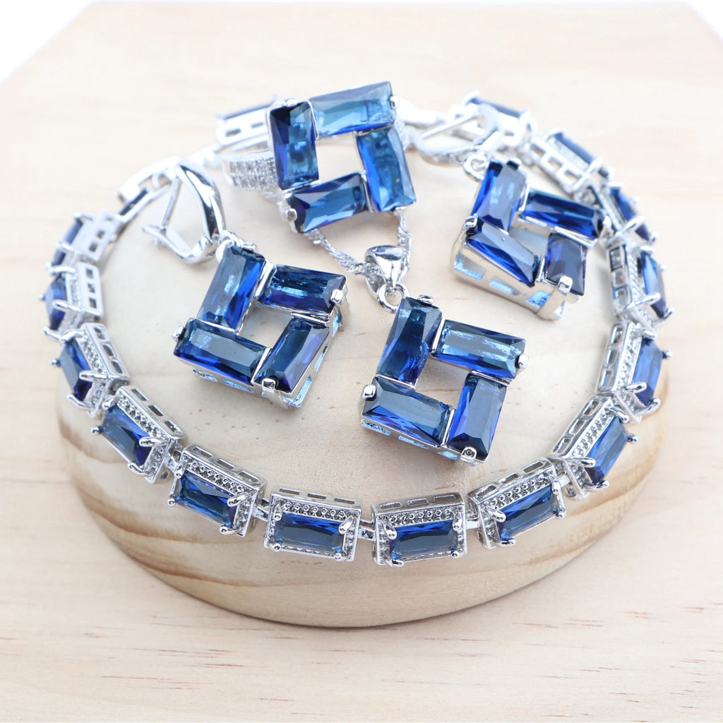 Wedding 925 Silver Jewelry Sets Bridal Black White Zircon Earrings Rings Pendant Necklace Stone Bracelets Set For Women
