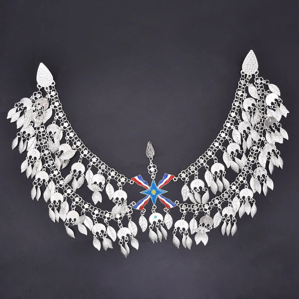 Silver Plated Assyrian Belt Hair Accessories Earrings for Women Kurdish Assyria Ethnic Colorful Flag Leaf Tassel Jewelry Sets