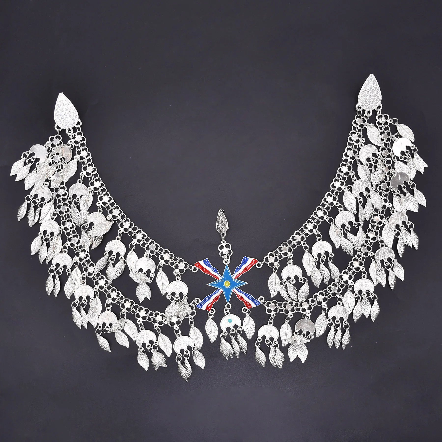Silver Plated Assyrian Belt Hair Accessories Earrings for Women Kurdish Assyria Ethnic Colorful Flag Leaf Tassel Jewelry Sets