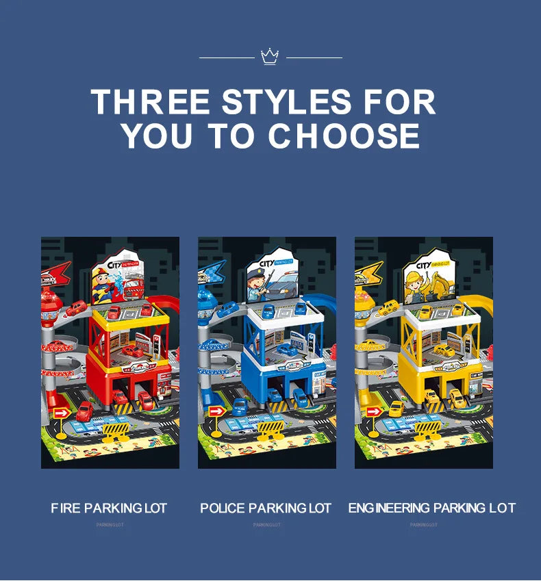 Kids Racing Track with Mini Cars Sliding Parking Lot Toys Multi-Storey Car Parking Fire Police Engineering Vehicle Boy Xmas Gift