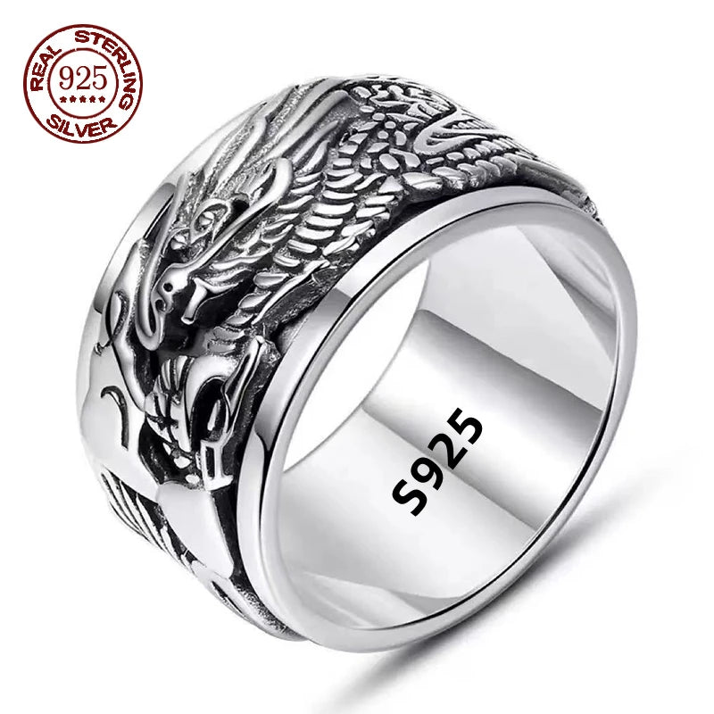 12mm Width Real S925 Sterling Silver Lucky Dragon Double Layer Rotatable Closed Dragon Ring For Man Woman Fiine Jewelry Gift