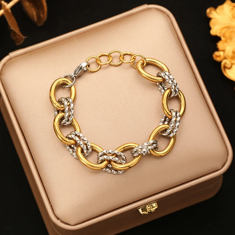EILIECK 316L Stainless Steel Double Color Oval Necklace Bracelet Set For Women Hip-Hop Punk Twists Neck Chain Jewelry Gift