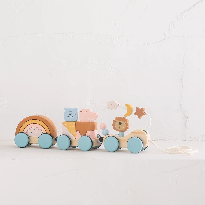 Wooden Montessori Toys Animal Block Dragging Stars Moon Surround Train  Hand Coordination Stacking Toy Handmade Decoration Gifts