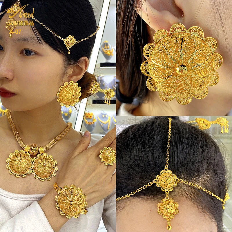 ANIID Ethiopian Gold Color 6pcs Jewelry Sets For Women Dubai Flower Shape Nigerian Luxury Necklace Jewellery Set Wedding Gifts