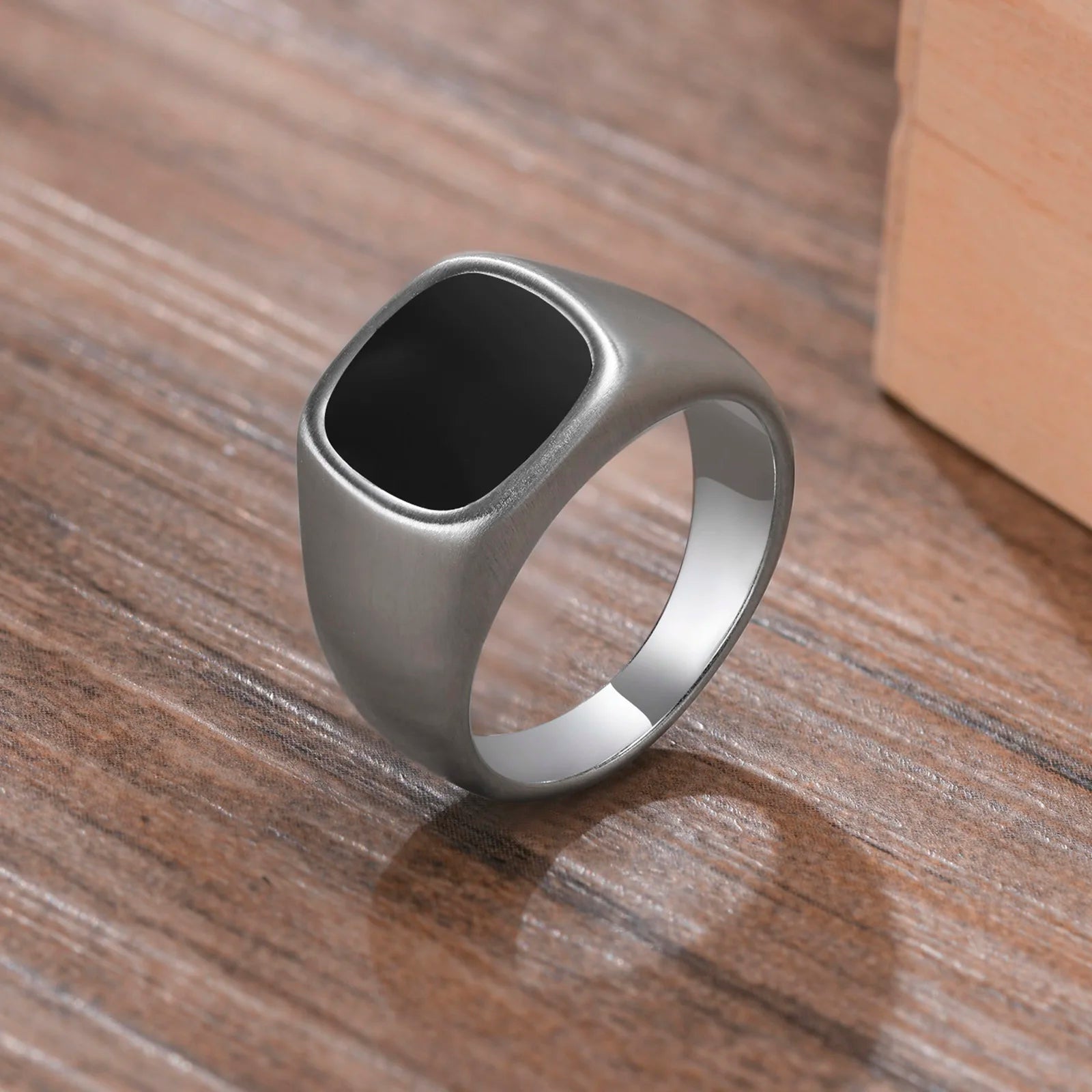 Vnox 12.5mm Signet Ring for Men, Black Square Top Stainless Steel Finger Band, Gothic Punk Rock Boy Stamp Rings