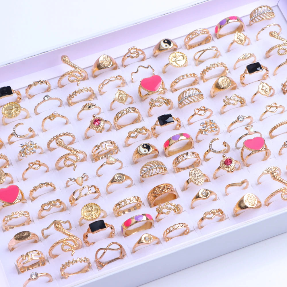 10/20/30/50/100Pcs/Lot Retro Punk Bohemian Rhinestone Carve Rings For Women Mix Style Jewelry Party Gifts Accessories Wholesale