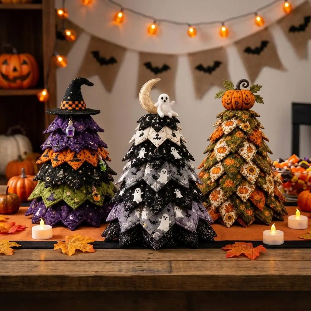 Vintage Halloween Quilted Fabric Tree Kit Pumpkin Ghost Black Cat Spider DIY Patchwork Tabletop Tree Set Tree Ornament 3D Thick
