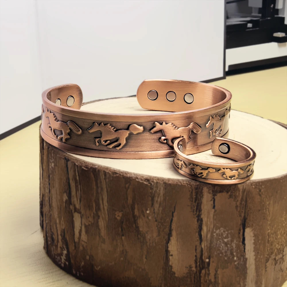 Pure Copper Jewelry Set Magnetic Horse Bracelets Rings Health Energy Adjustable Men Vintage Jewelry-set Open Cuff Resizable