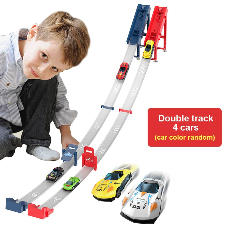 110CM Kid Track Car Racing Set with Mini Cars Toy DIY Assembled Track Kits Catapult Rail Car Strategy Interactive Game Boy Gift