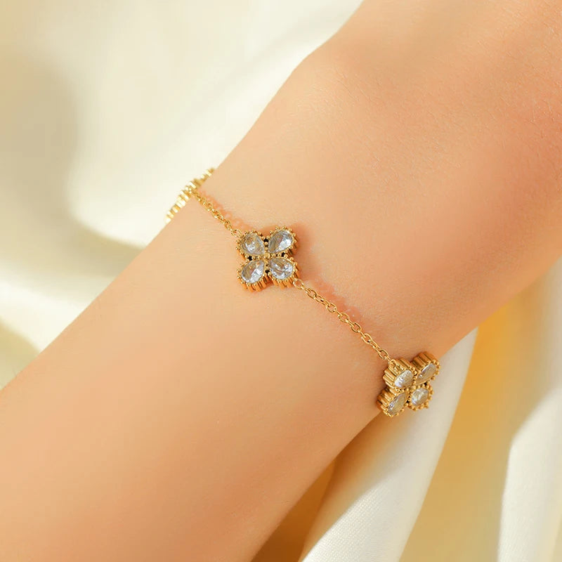 GANEMLY Stainless Steel  Sparkling White Zircon Flower Necklace Bracelet Earrings Set For Women Trendy Waterproof Jewelry Gift