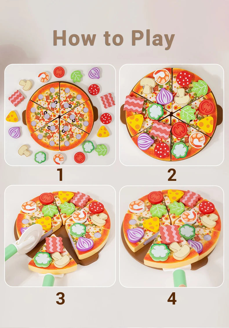 Wooden Simulated Cutting Pizza Pretend Play Toy Educational Kitchen Cooking House Color Recognition Game for Kids 2 Years Gift