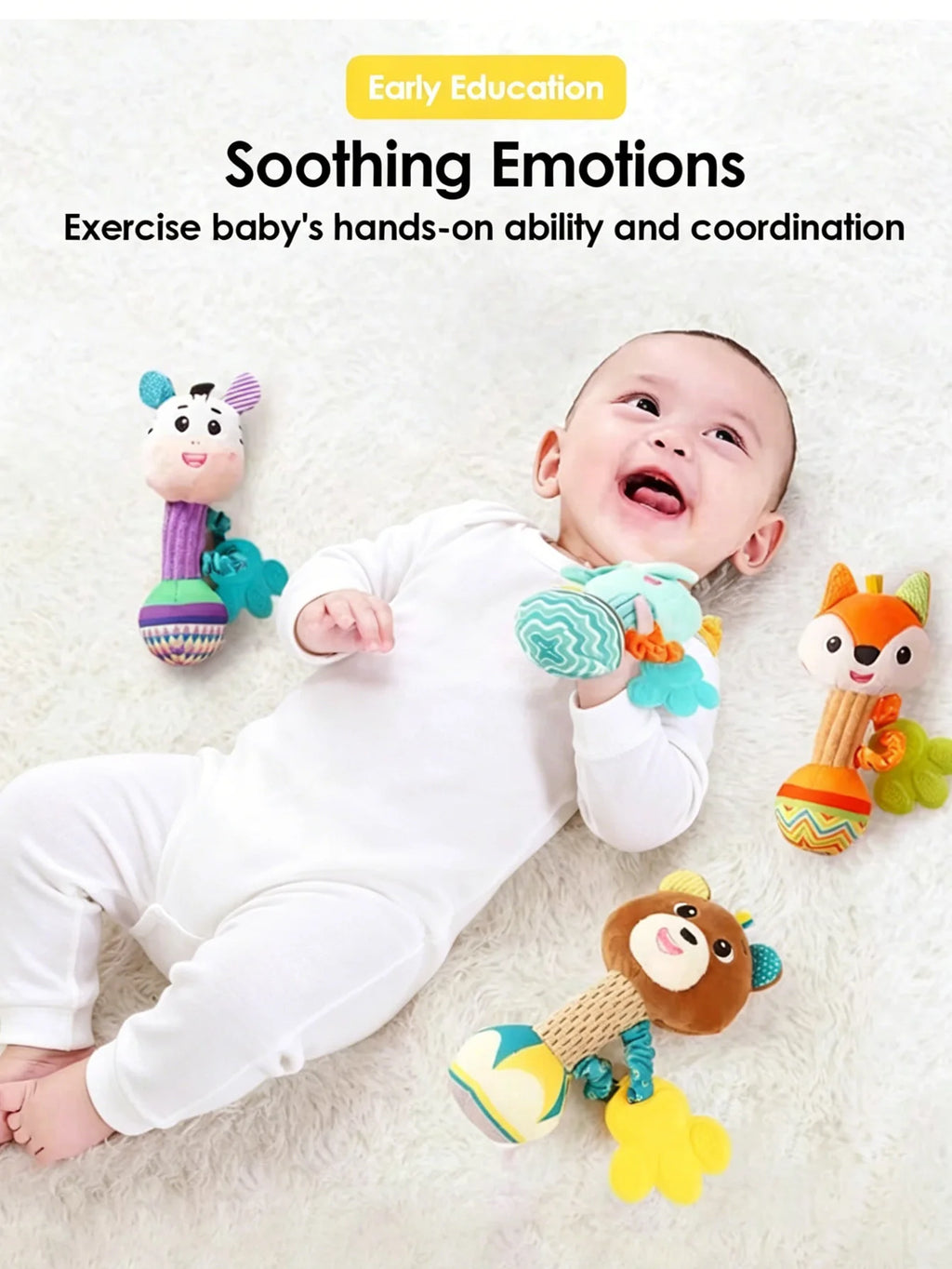 1pcs 0-6 Months Dental Gum Hand Grip Plush Doll Can Bite Practice Grasping Parent Baby Interactive Puzzle Rattle Soothing Toy