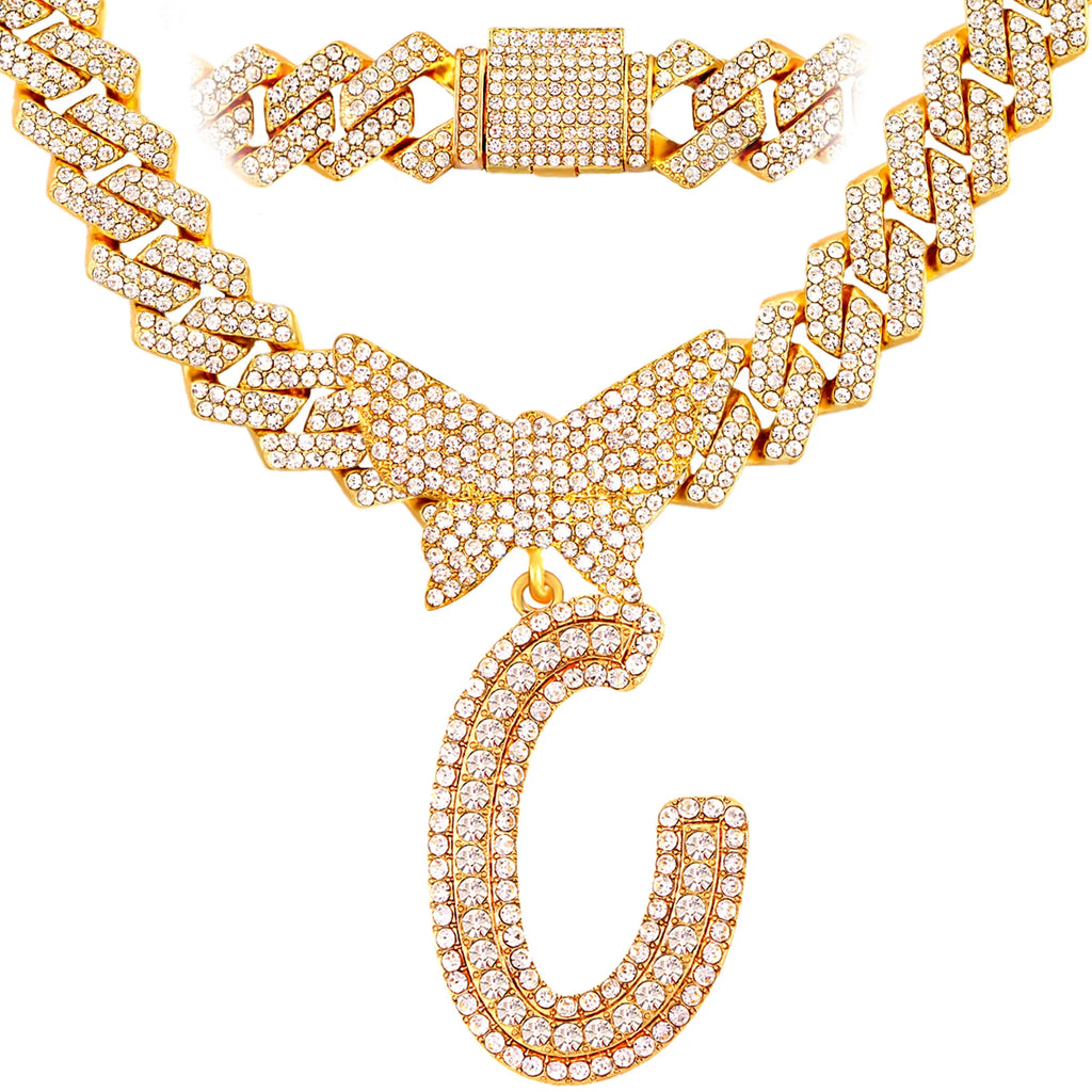 Men Women 14MM Cuban Chain Crystal Butterfly Initials Name Pendant Necklace Iced Out Cursive Letters Rapper Necklace Jewelry New