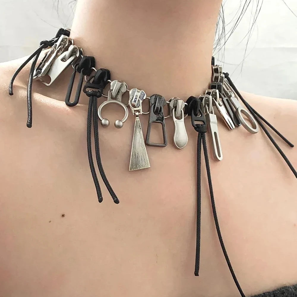 Cyber Punk Zipper Necklace Fringe Chain Head Y2k Hip Hop Choker Men's Women's Fashion Personality Jewelry Accessories