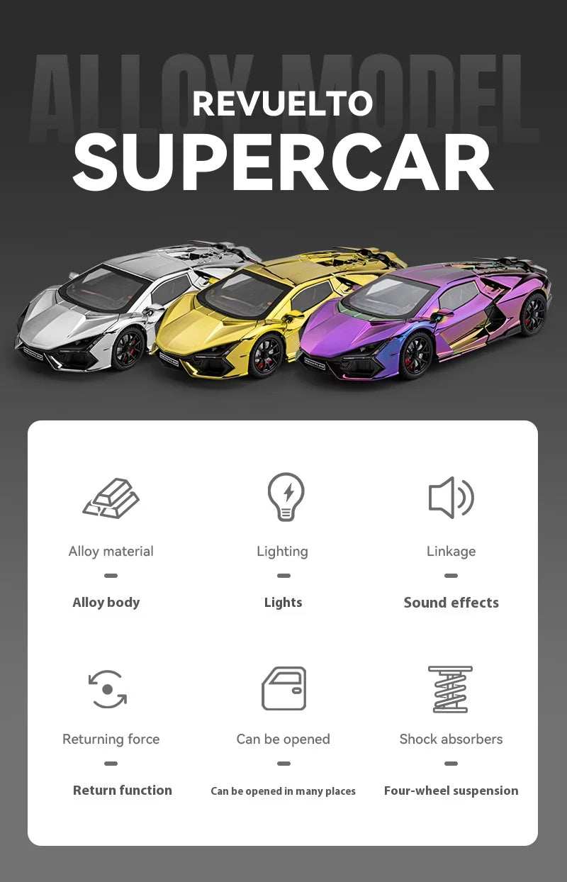 1:24 Lamborghini Revuelto Spray Plating Version With Water Spray, Fog Effect Realistic Simulation Alloy Model Boy Gift