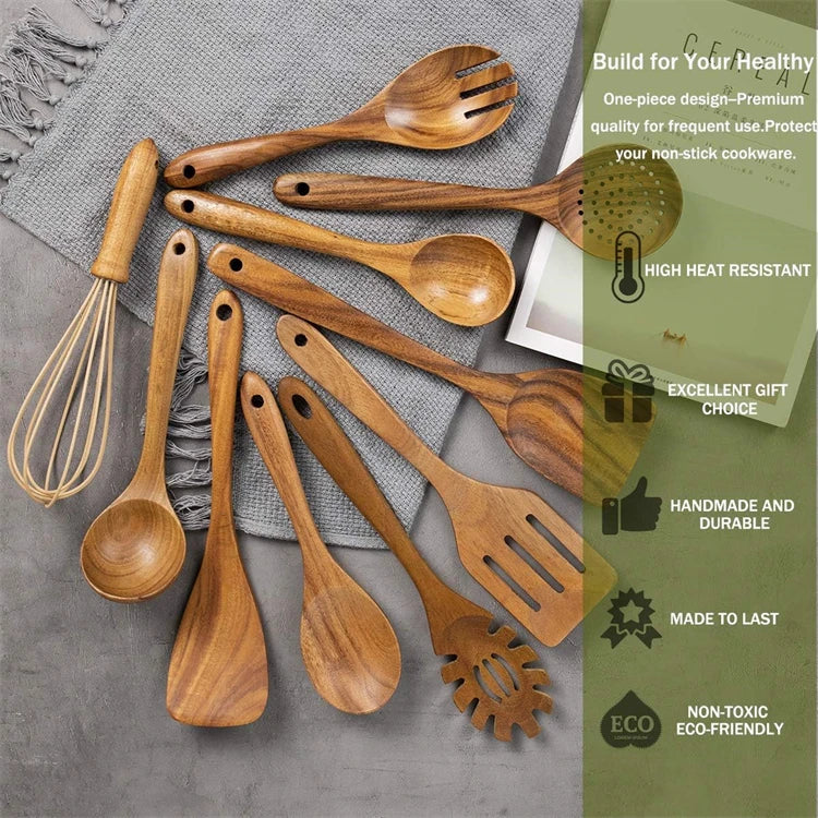 LMETJMA 10 Pack Natural Teak Wooden Kitchen Utensil Set Wooden Spoons Spatula Cooking Utensil Set For Cooking Baking JT503