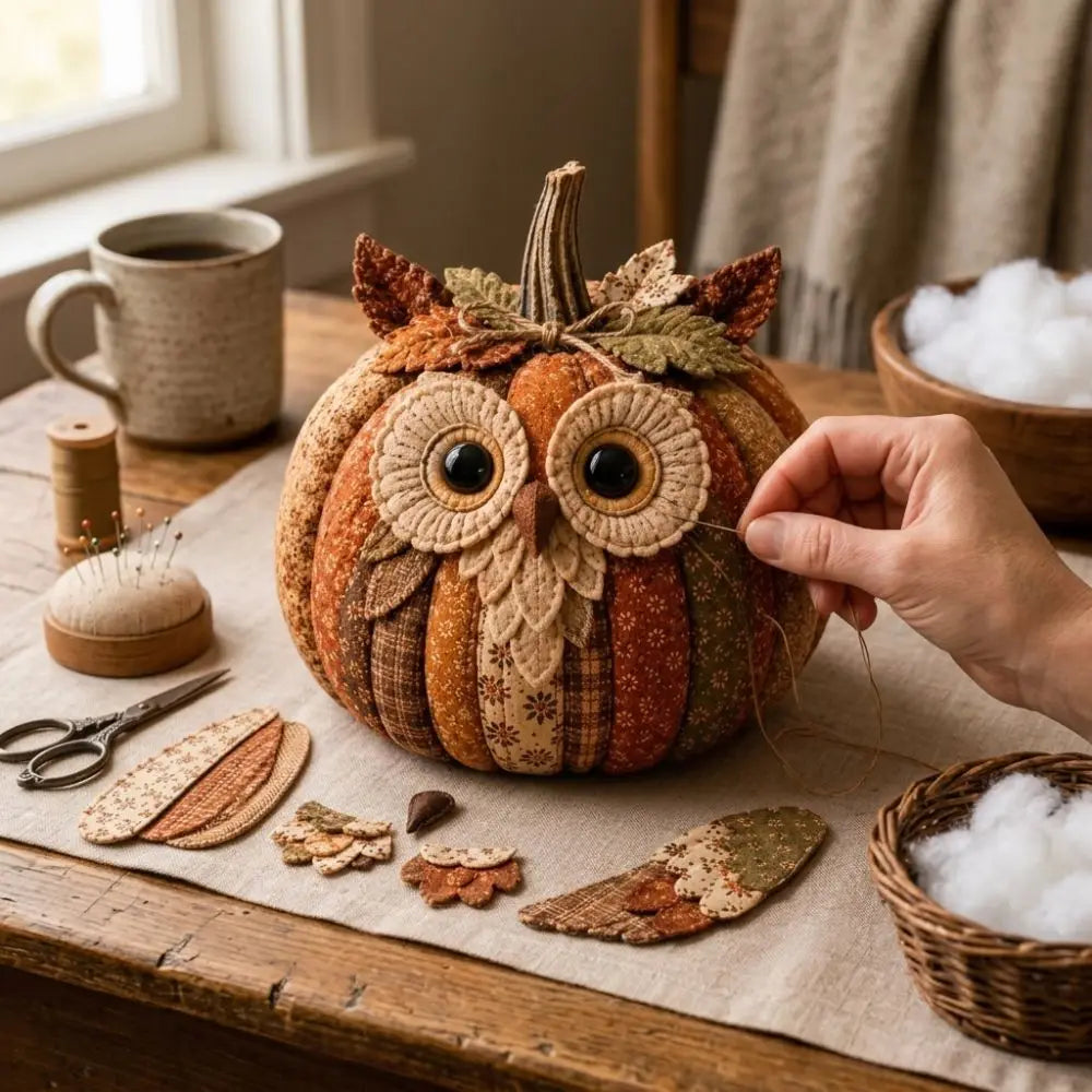 Vintage Style Whimsical Patchwork Pumpkin Fabric Kit Owl Bear Floral Fabric Halloween DIY Sewing Kit Stress Craft Cow Cat