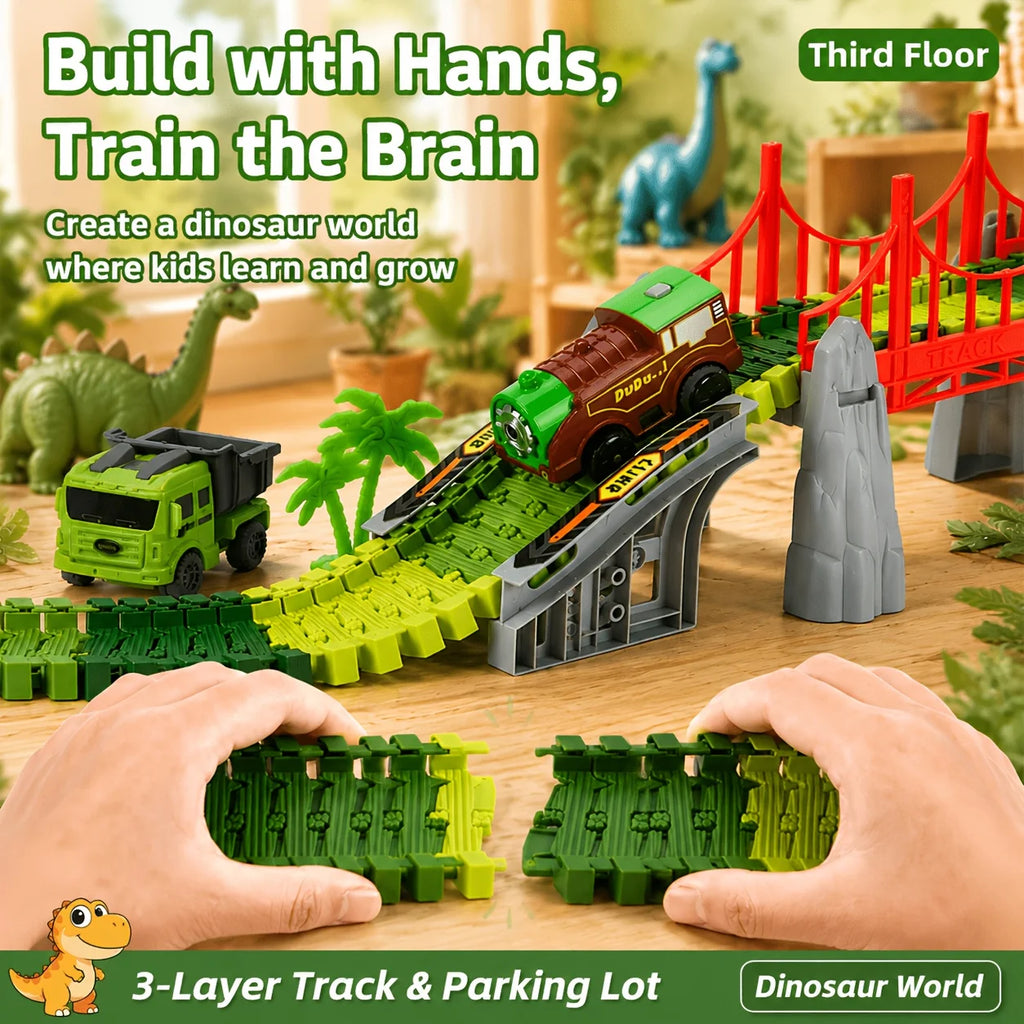 3-Layer Dinosaur Race Track Set with Cars, DIY Flexible Educational Construction Toy Gift for Kids Boys Birthday Christmas