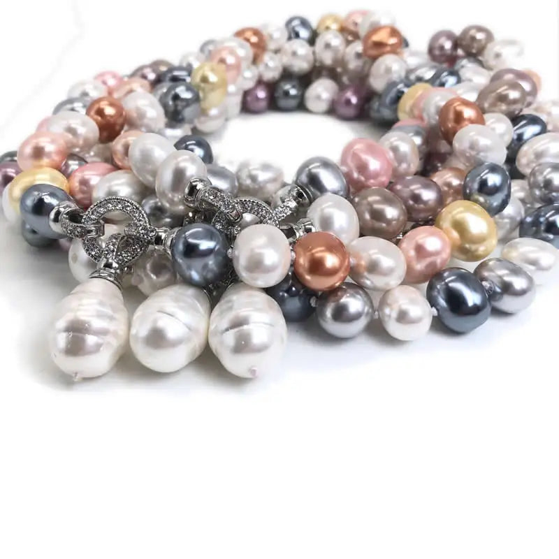 Luxury Style Cultured 12-15m White Potato Freshwater Pearl Necklace Cz Pave Shell Pearl Pendant Wedding
