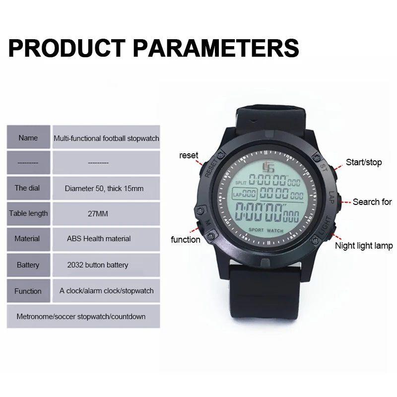 Digital Sport Stopwatch Soccer Referee Timer LCD Multifunctional Chronometer with Backlight Portable Mute Wrist Countdown Timer