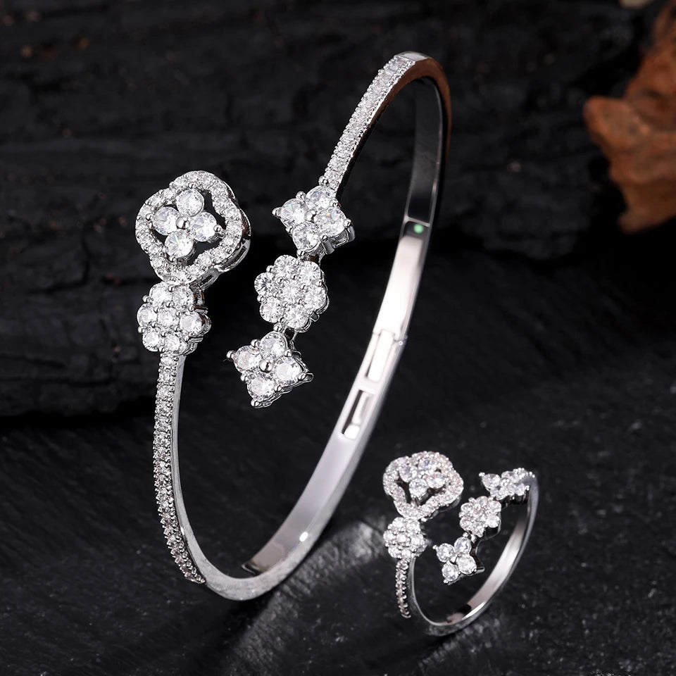 ZAKOL 9 Styles Slivery Open Bracelet Ring Jewelry Set Luxury Shiny Zircon Middle East Trendy Jewelry for Women Gift