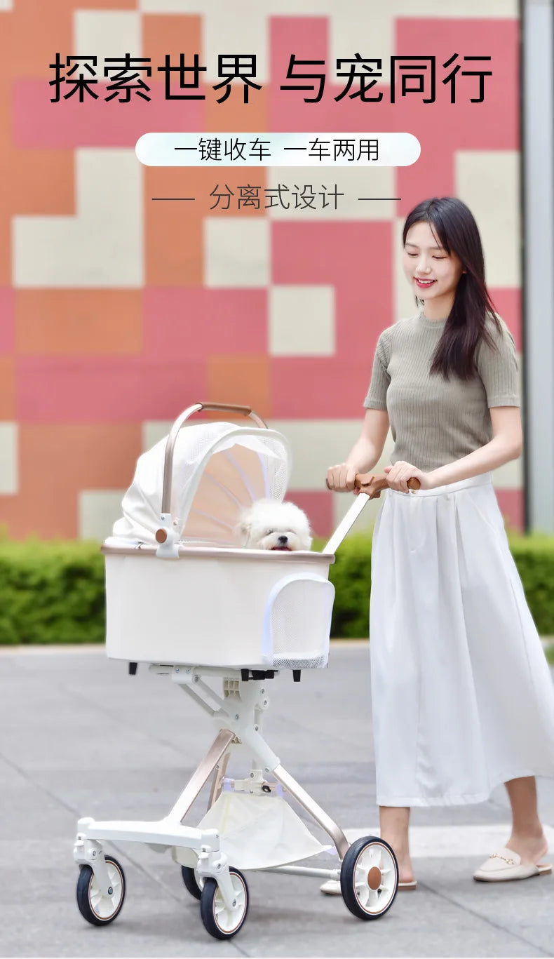 Lightweight White High View Pet Stroller One-click Foldable Cart for Small Medium Dogs Cats Outdoor Travel Pet Supplies Hot Sale