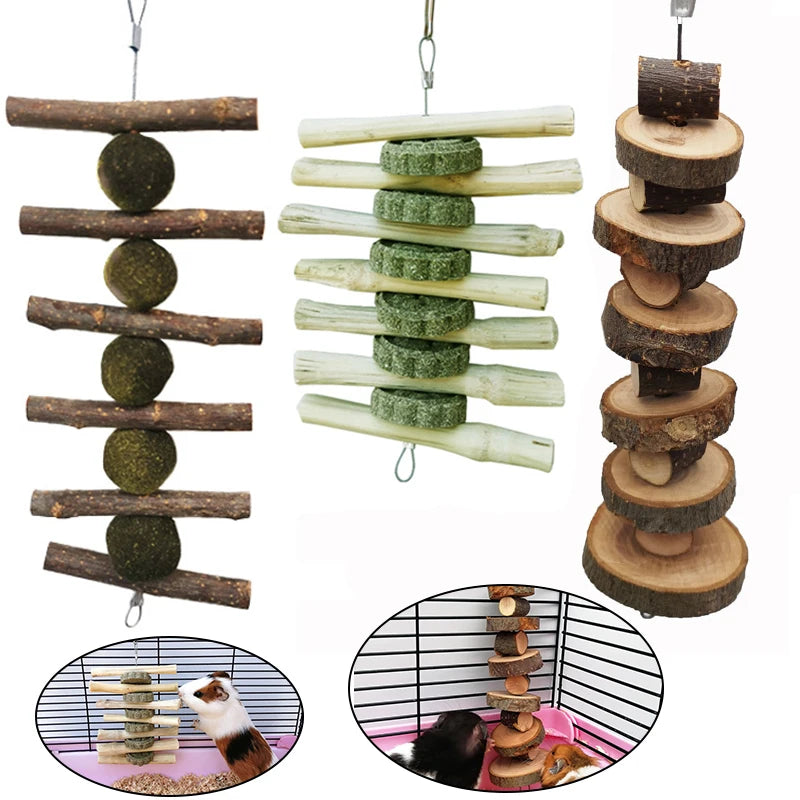 Cute Rabbit Roller Toys Natural Wooden Pine Dumbells Unicycle Bell Chew Toys For Guinea Pigs Rat Small Pet Molars Supplies