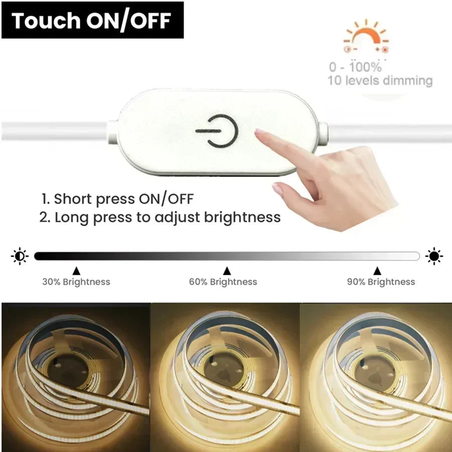 Dimmable 5V USB 5m COB LED Strip Light with Hand Scan Dimmable Touch Sensor Switch Push Switch Room TV Background Decoration