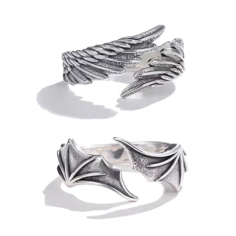 Huitan Vintage Angel Wing Demon Eye Hip Hop Adjustable Couples Rings for Men Women Retro Silver Color Jewelry