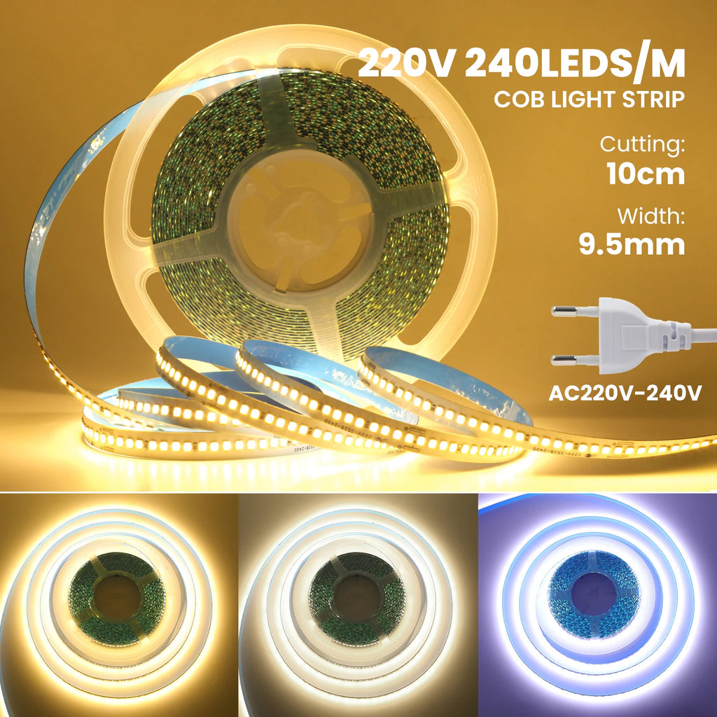 AC 220V 110V LED Strip 240Leds/M IP44 10CM Cut Home Decor Warm/Natural White Self Adhesive Flexible Ribbon Stripe Chain Light