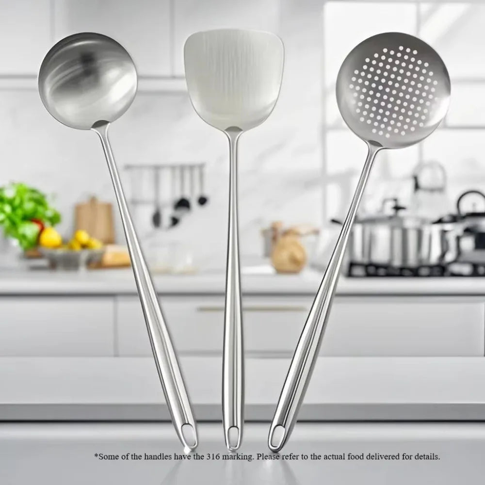 Thickened 304 Stainless Steel Anti-Scald Spatula Set, Cooking Spatula, Kitchenware, Household Woks, Soup Spoons, Strainers