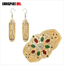 Arabic Jewelry Sets Morocco Choker Necklace Dangler Earring Bracelet Ring Gold Color Ethnic Women Charm Bijoux
