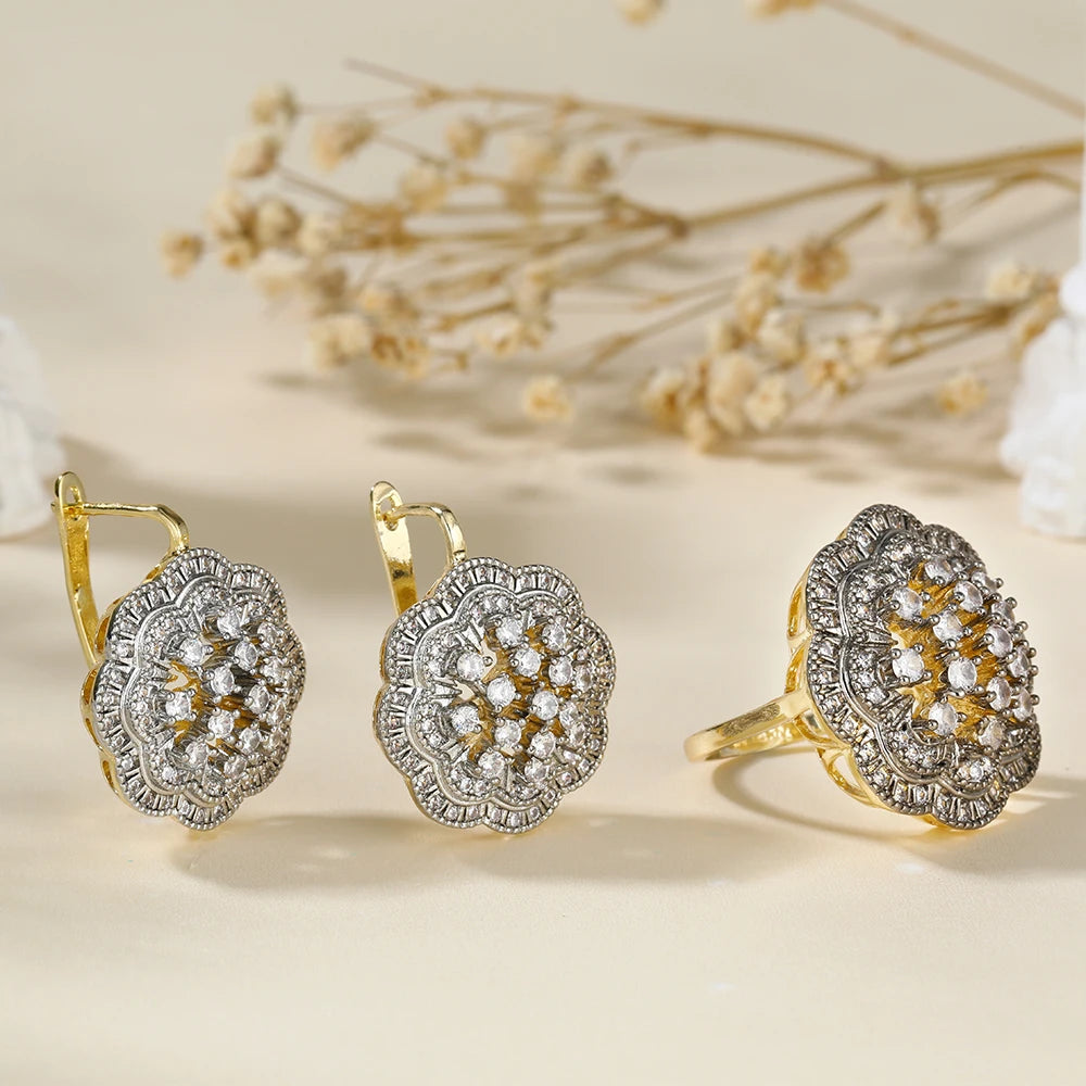 Large flower bleach two -color hollow earrings Copper copper plating 14K gold fashion jewelry luxury and exquisite jewelry