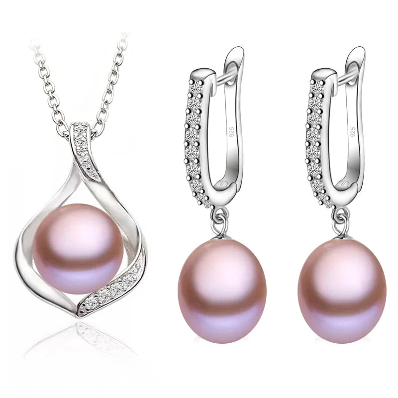 Real Natural Freshwater Pearl Necklace and Earrings Set For Women,Cute 925 Sterling Silver Pearl Jewelry Set Wedding Gift