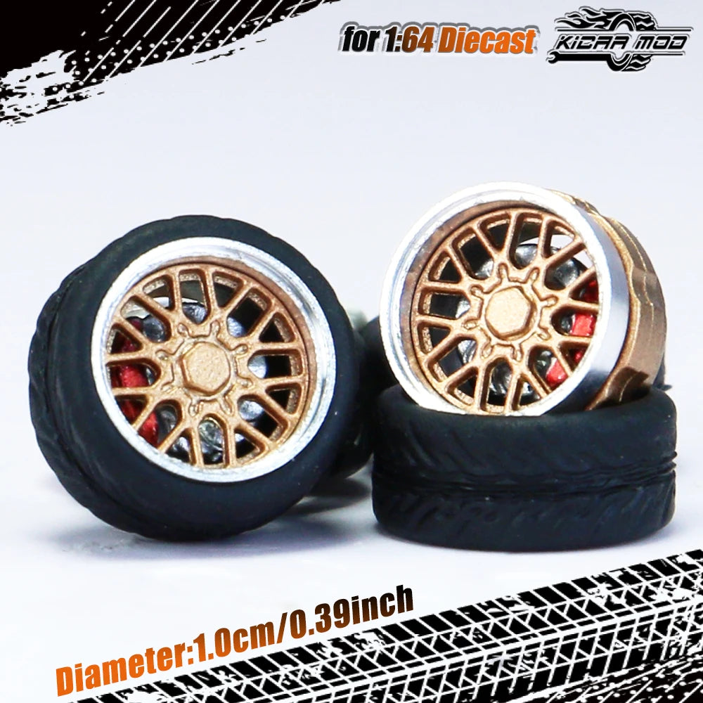 Kicarmod 1/64 Model Car ABS Wheels with Rubber Tire Brake Disc Metal Rims Diameter 10mm Refitting Parts For Model Car