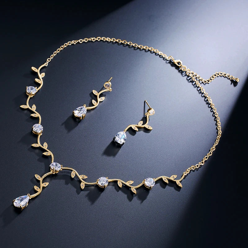 ZAKOL Classic White Rose Gold Color Cubic Zirconia  Bridal Jewelry Sets Leaf Shape Choker Earrings Wedding Dress for Women