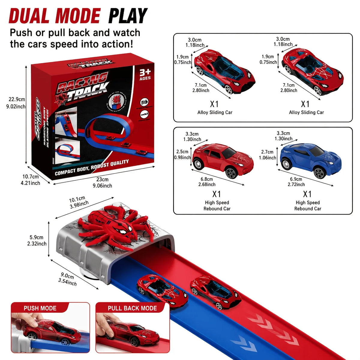 Dual Mode Racing Track Toy with 4 Alloy Pull Back Cars, Flexible Suction Cup Track, Halloween & Christmas Gift for